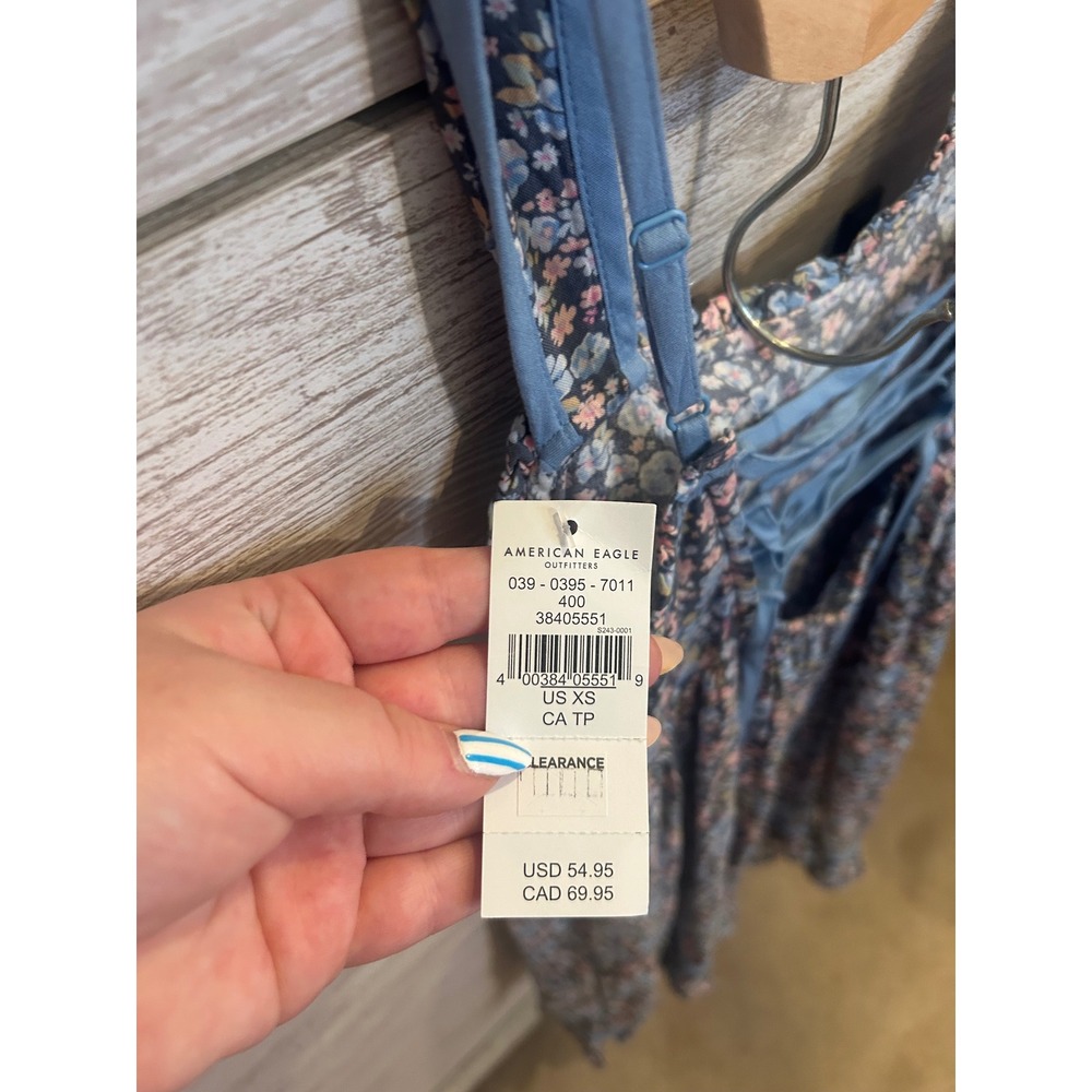 American Eagle Floral Lace Up Back Mini Dress Blue Pink Ditsy Babydoll XS NEW - Picture 9 of 9